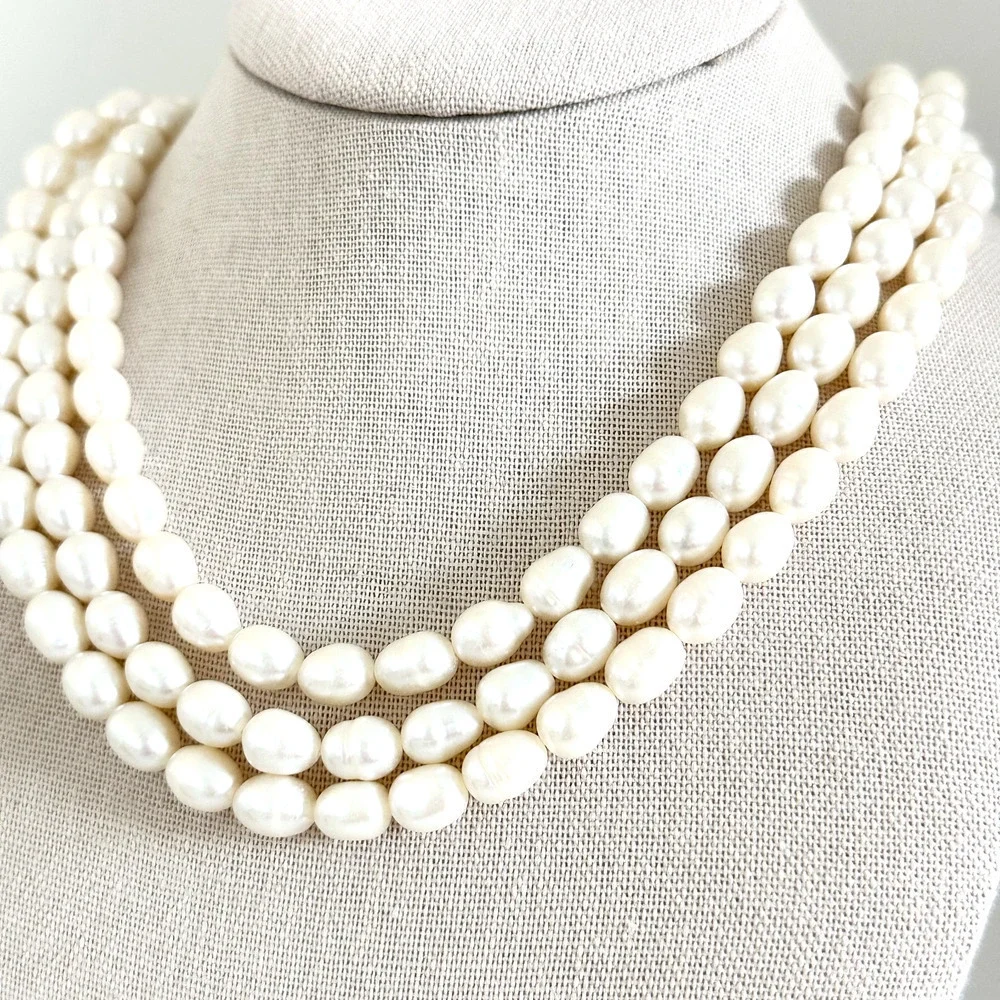925 Sterling Silver Vintage Genuine Pearl Chunky Triple Strand 3 Row Necklace